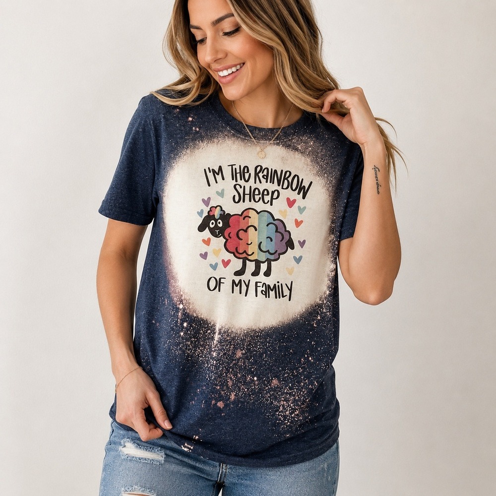 GILDAN Rainbow Sheep Bleached Graphic T-Shirt Womens M Navy Blue Pride Gay LGBTQ